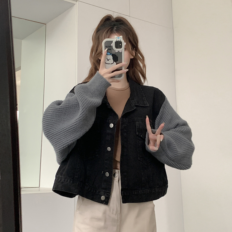 Real shot ~ Knitted splicing long-sleeved denim jacket for women 2023 new style polo collar sweet and cool short top trendy