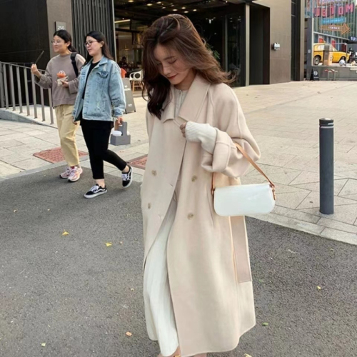 2023 Autumn and Winter New Coat Women's Mid-Length Over-the-Knee White Hepburn Style Woolen Coat Trendy