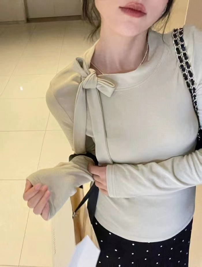 德絨設計感蝴蝶結綁帶長袖t恤女秋季辣妹顯瘦半高領打底體恤上衣