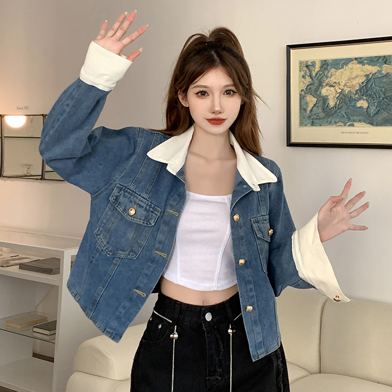實拍~牛仔短款外套女2023年新款春季夾克開衫小眾別致上衣潮