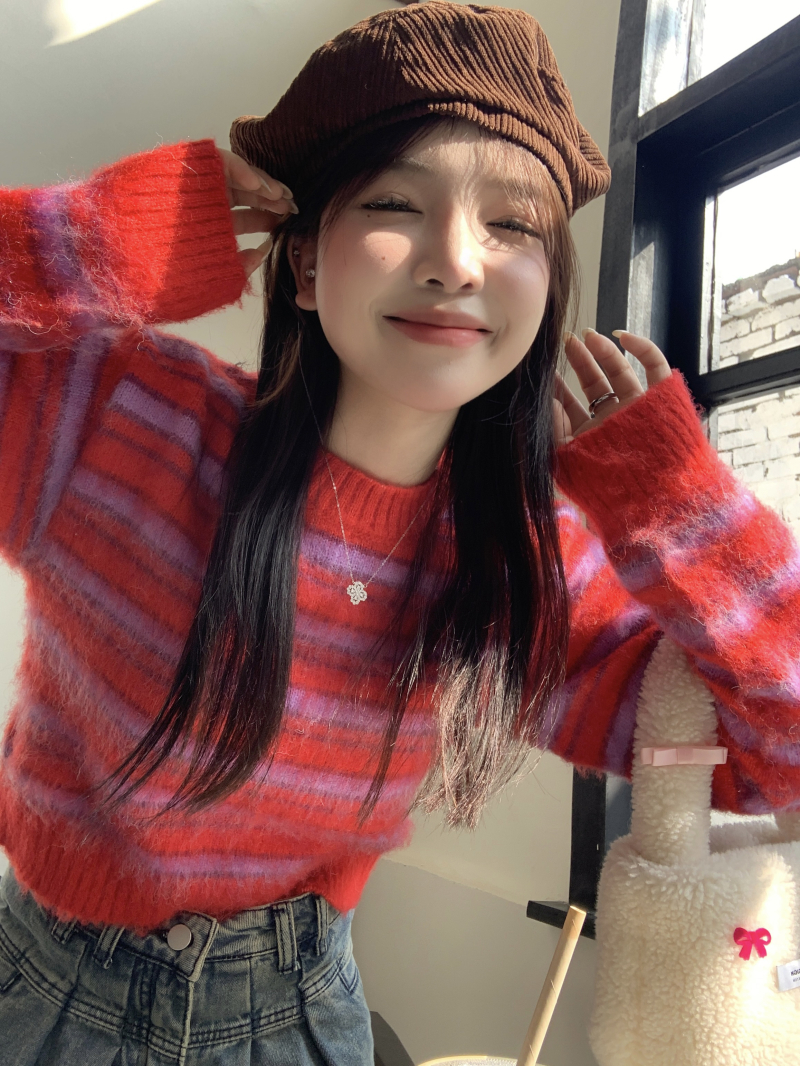 實拍 冬季羊毛刷毛工藝韓版洋氣條紋套頭毛衣女