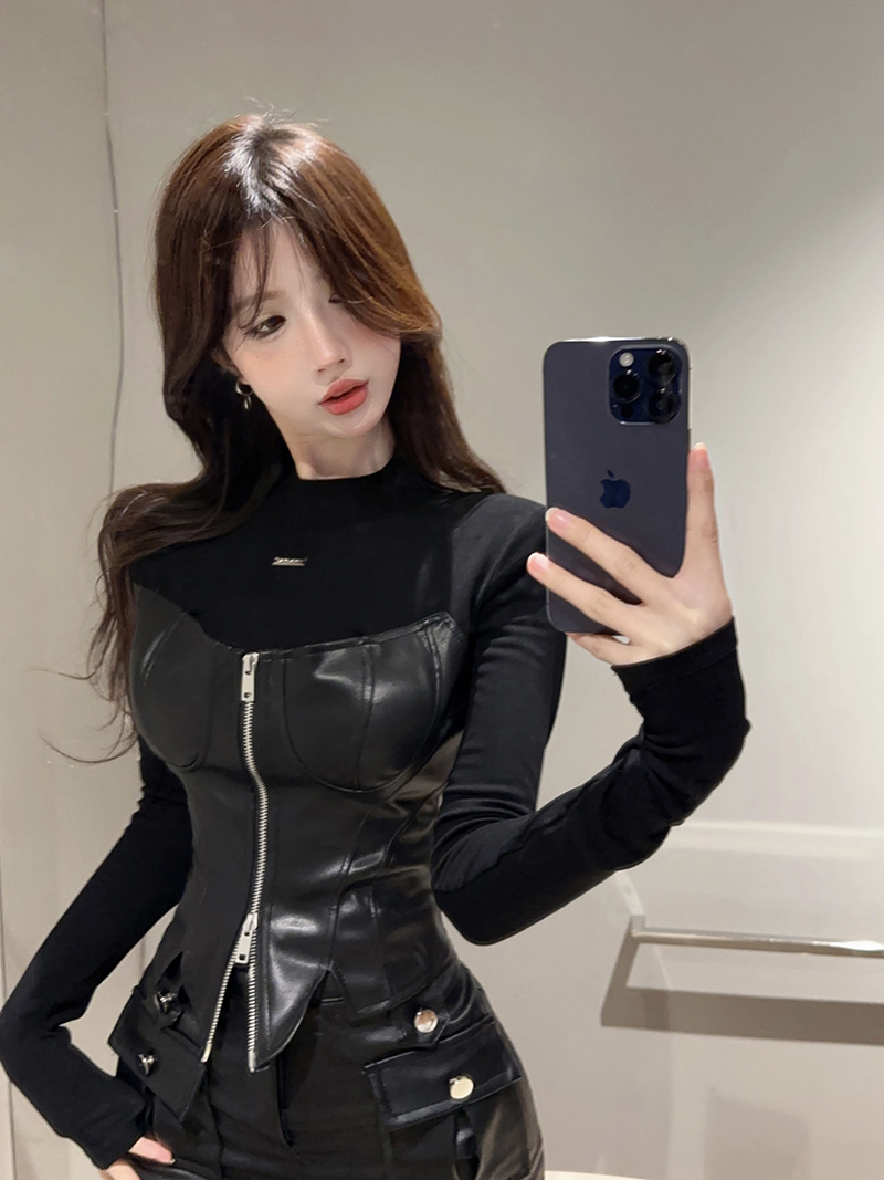 Real shot!  Fake two-piece T-shirt spliced ​​black zipper cardigan long-sleeved slim sexy hot girl top 2360