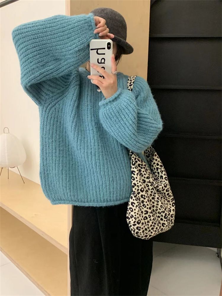 圓領羊駝毛粗針套頭毛衣女糖果色貼標針織衫慵懶寬鬆卷邊顯瘦