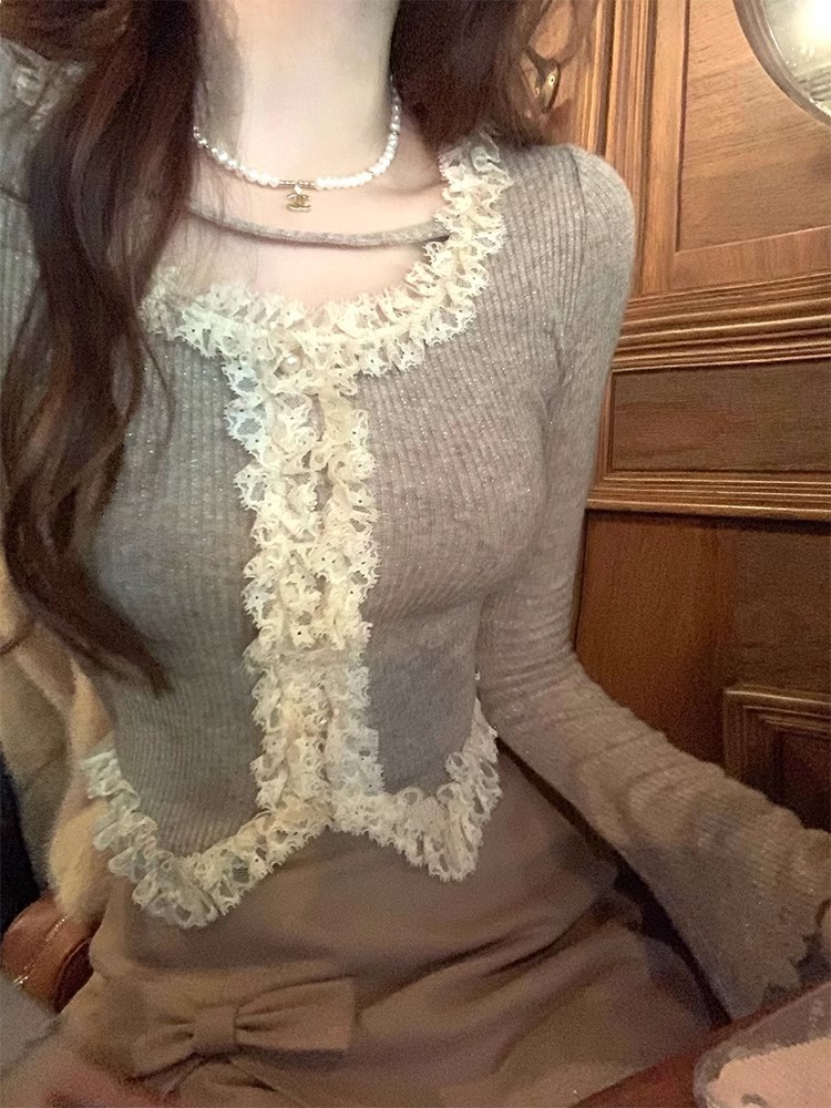 Lazydidi soft croissant fine shimmering lace top autumn and winter with ceiling women's square neck long-sleeved bottoming shirt