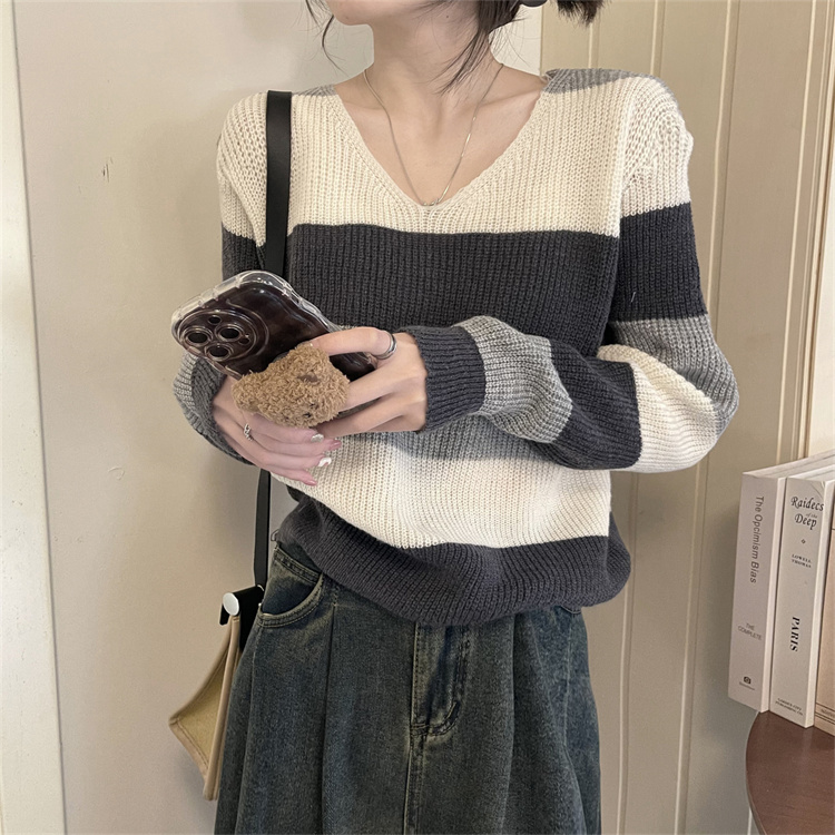 實拍韓系慵懶風撞色條紋衫秋冬顯瘦套頭毛衣針織上衣