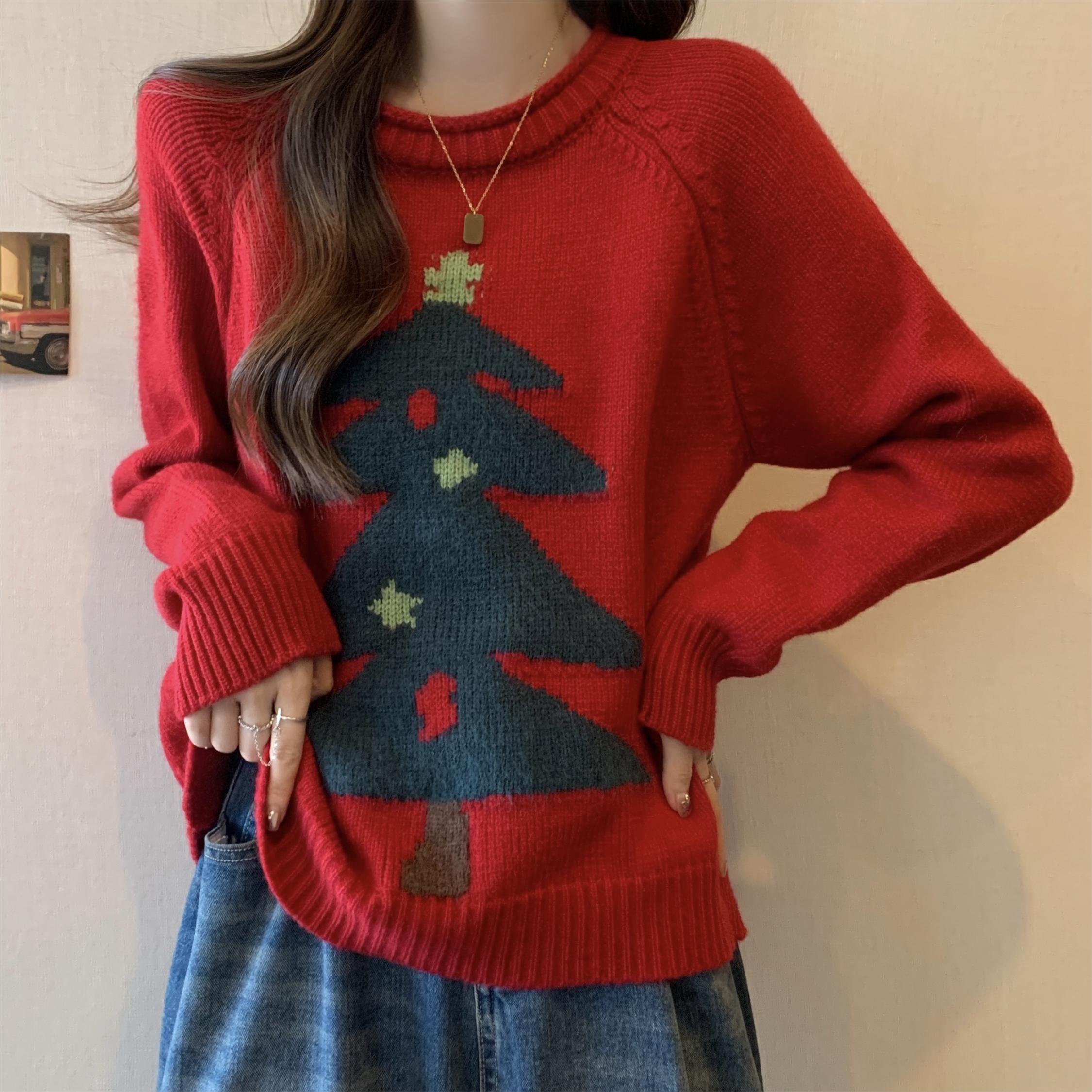 實拍大碼女裝2023冬冬新款紅色聖誕節毛衣聖誕樹寬鬆顯瘦毛針織衫