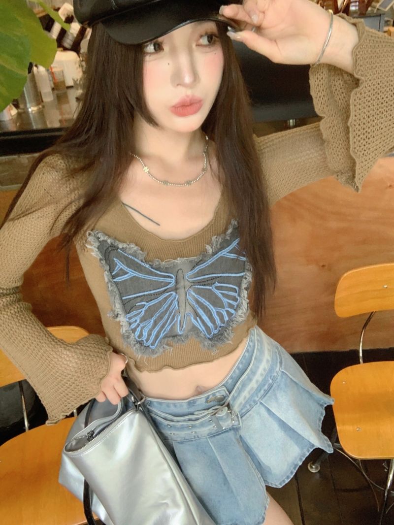 甜酷蝴蝶短款針織衫女秋季木耳邊喇叭袖學院風小個子辣妹上衣仿棉