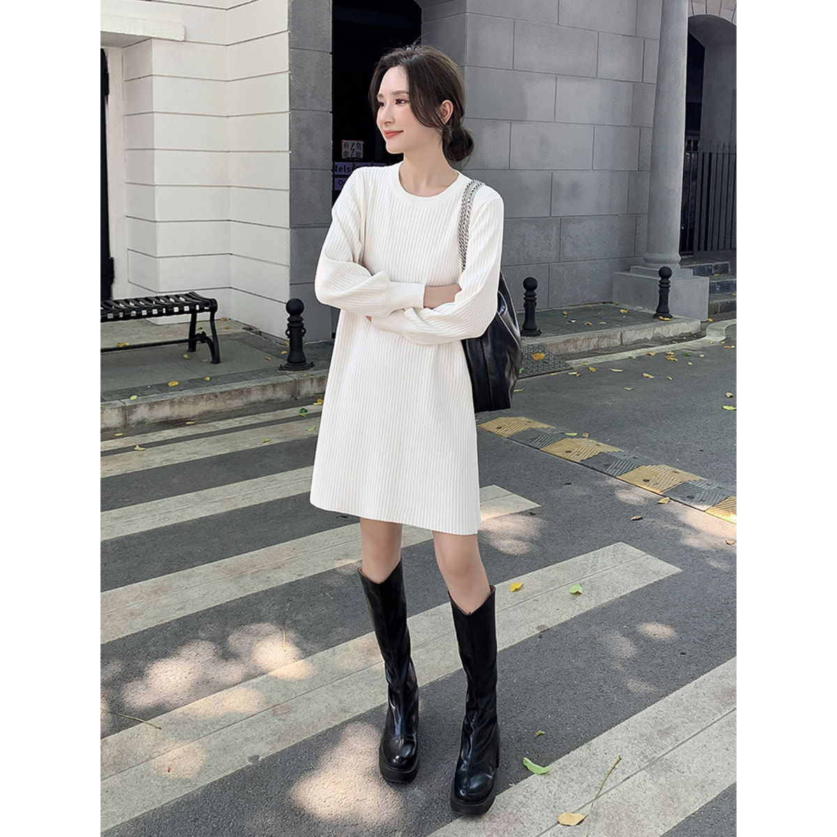 質檢官圖包臀針織連衣裙女2023秋冬新款氣質修身內搭長袖打底裙