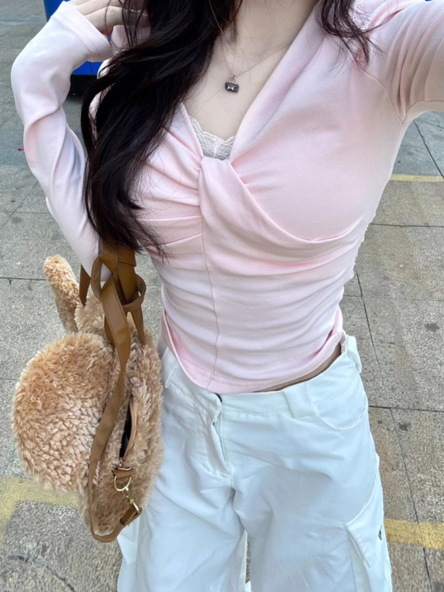 粉色辣妹性感氣質v領長袖t恤女秋冬設計感小眾修身短款打底衫上衣