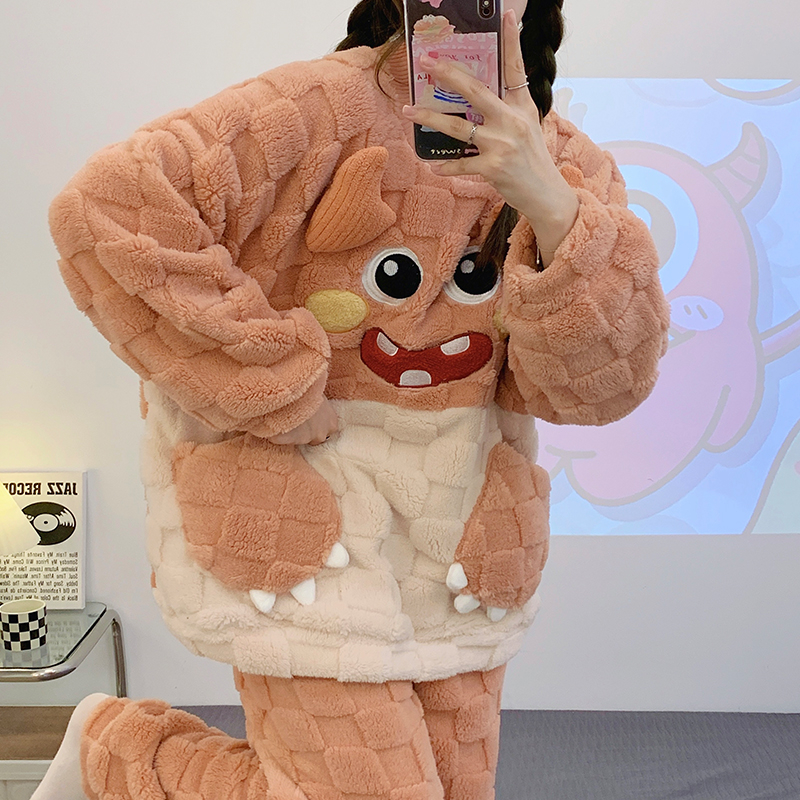 冬季女款長毛絨加厚雙長兩件套睡衣卡通小怪獸圓領套頭保暖家居服