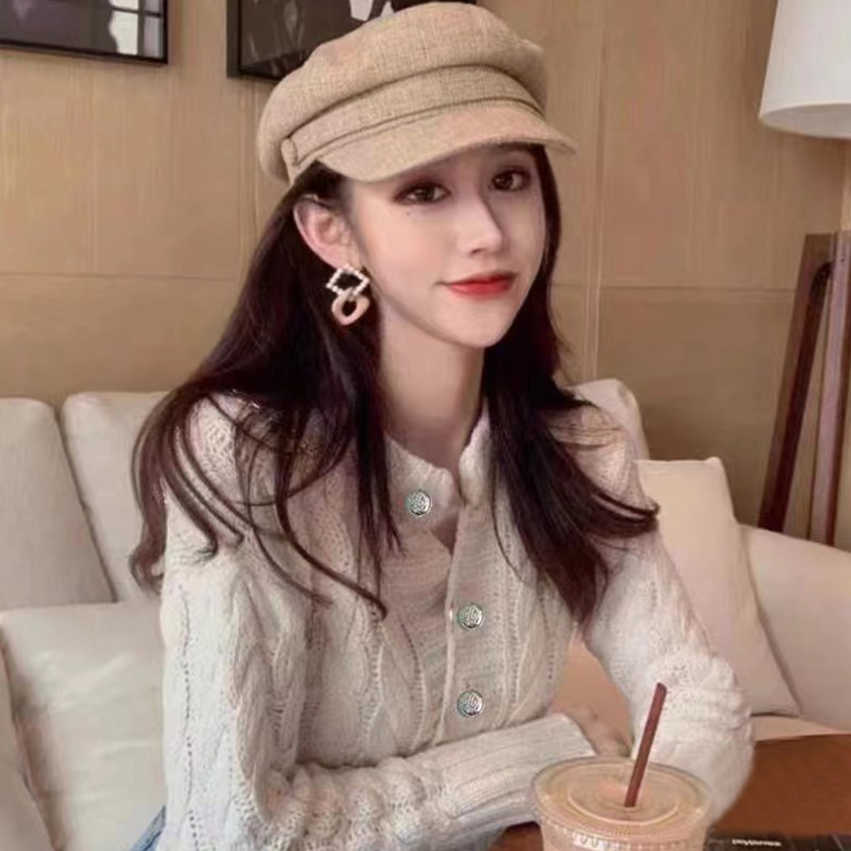 質檢官圖秋冬新款韓版高級感圓領純色麻花辮金屬扣開衫上衣女