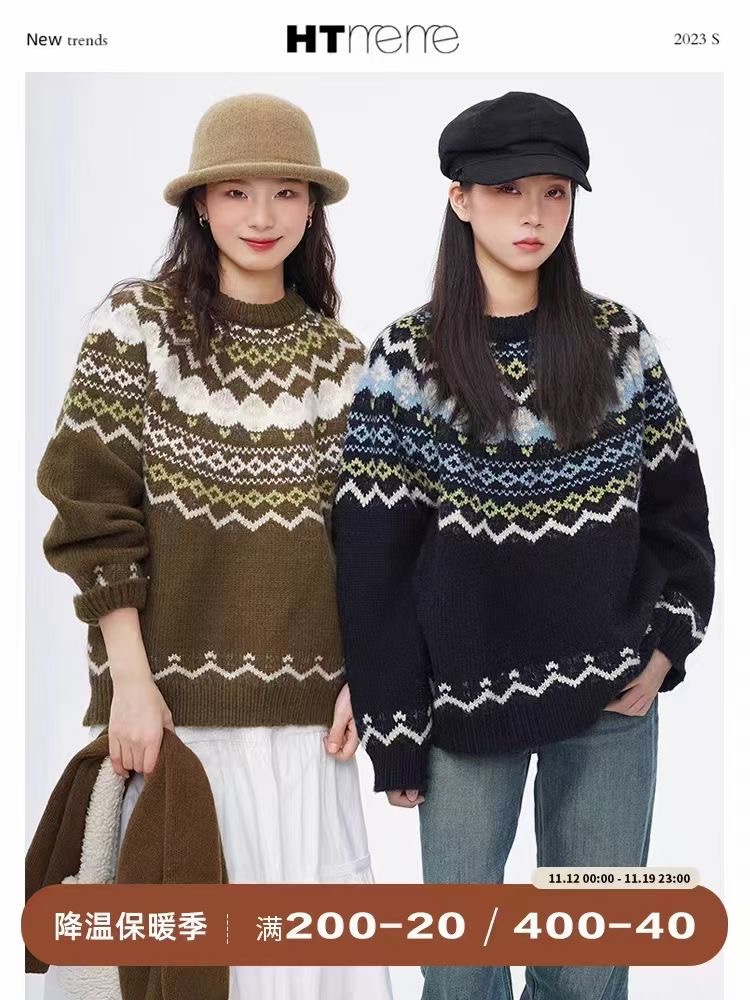 花田櫥窗HTmeme 情迷費爾島~提花針織毛衣女秋冬復古加厚圓領上衣