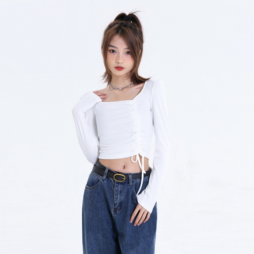 5 colors autumn new square neck top pleated slimming hot girl long-sleeved bottoming shirt female short navel T-shirt