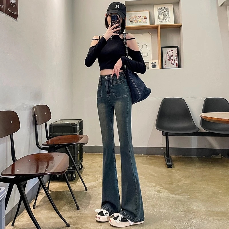 水泥灰喇叭褲女2023年秋冬新款高腰垂感顯瘦小個子拖地微喇牛仔褲