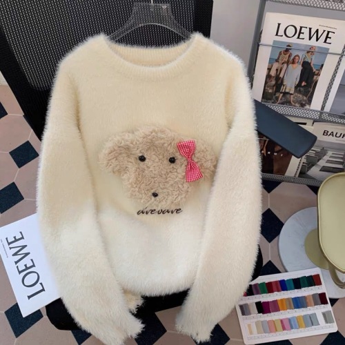 Lazy plush bear imitation mink round neck pullover sweater for women autumn and winter 2023 new soft and waxy loose knitted top
