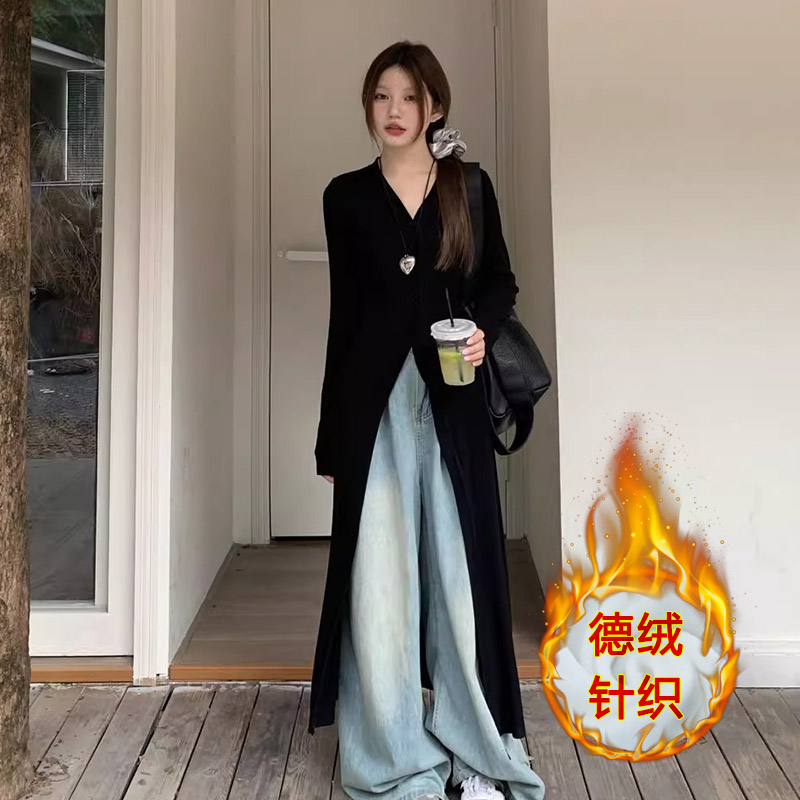 秋冬長袖上衣女新款黑色高級感氣質針織開衫中長款外套