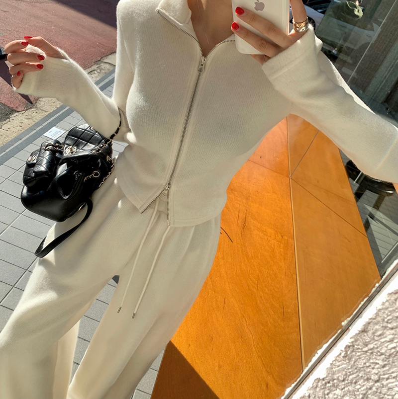Zipper stand collar top + straight casual pants set, two-piece set
