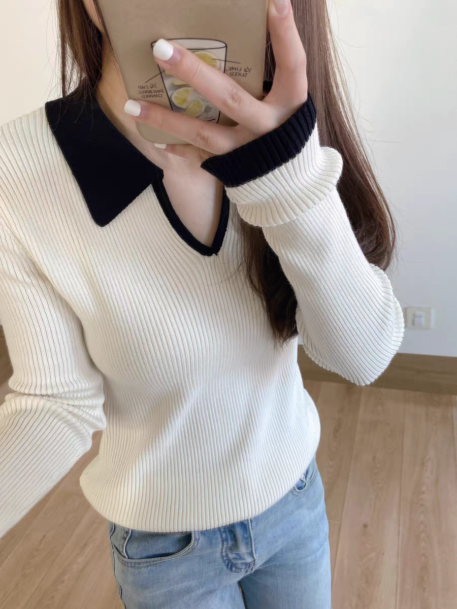 撞色Polo領長袖針織毛衣女秋冬韓版2023新款修身氣質內搭打底上衣