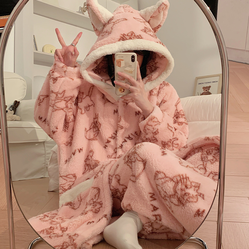 Winter pajamas for women, plush hooded nightgown + trousers nightgown, cute cartoon two-piece set