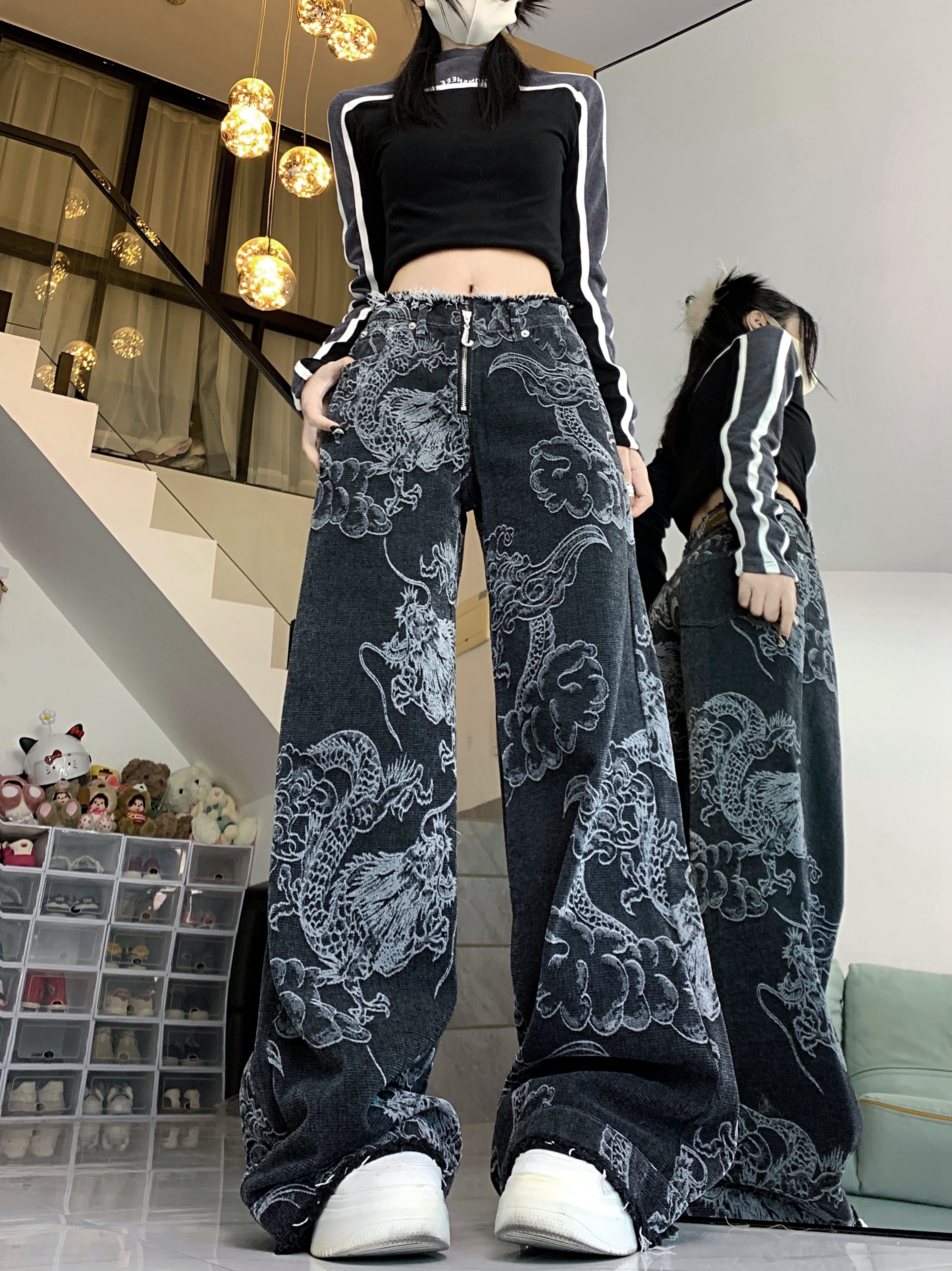 實拍~國潮設計龍紋印花牛仔褲女高街辣妹寬鬆顯瘦塗鴉牛仔褲