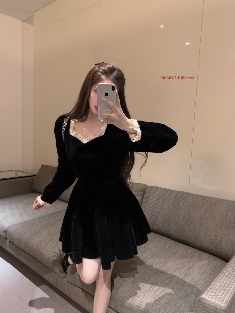 Actual shot Korean style slimming mid-length retro lace patchwork waist bottoming princess dress