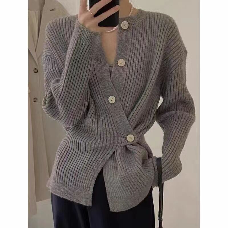 韓風chic上衣不規則側邊扣設計感排扣針織開衫長袖加厚毛衣女秋冬