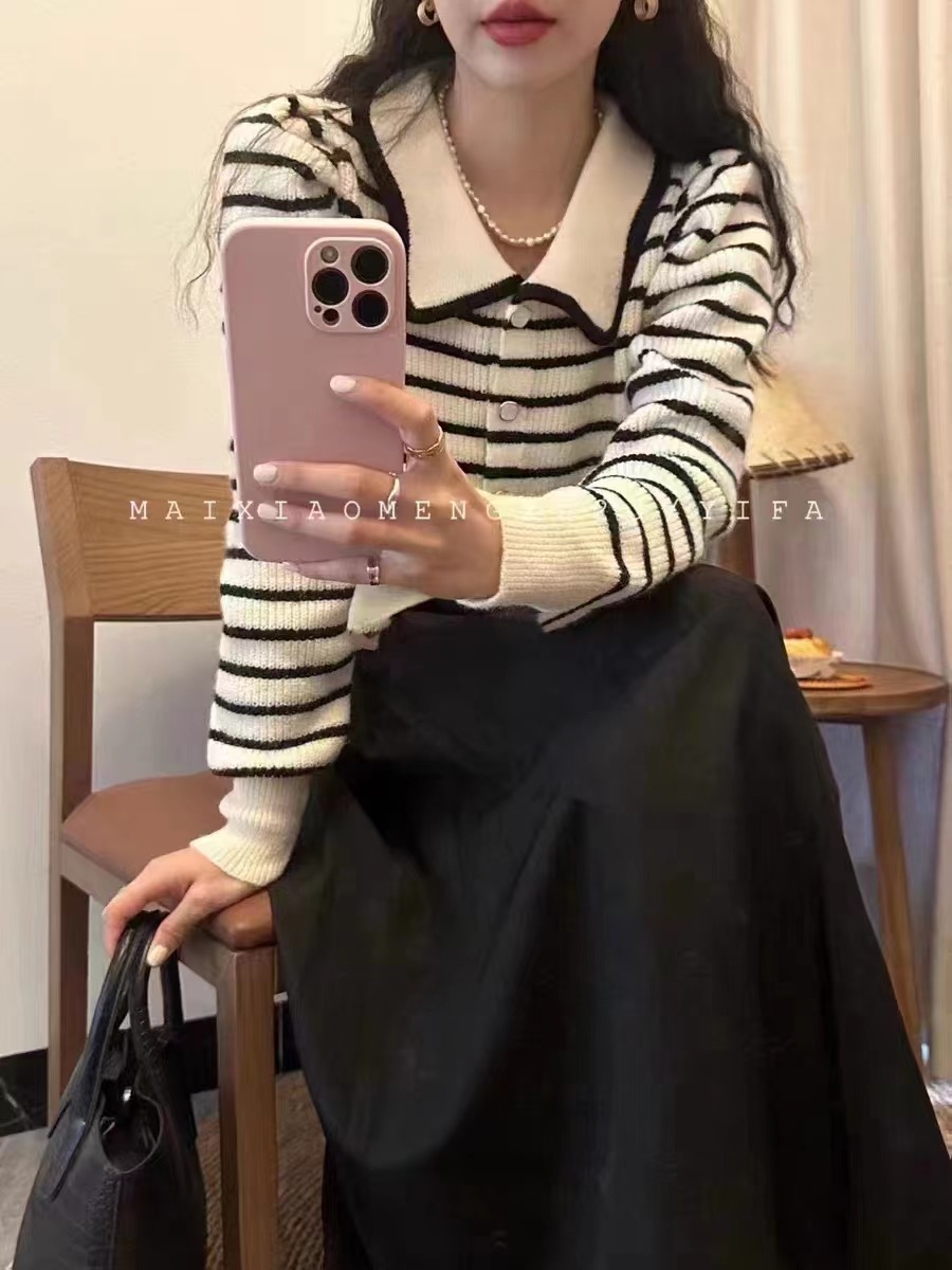 2023秋冬韓系溫柔翻領減齡軟糯針織開衫毛衣外套淑女百搭氣質短款