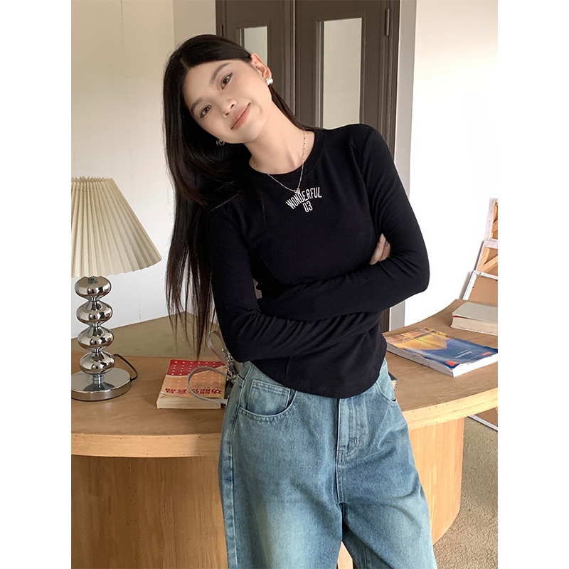 實拍純欲辣妹風保暖加絨字母繡花不規則修身顯瘦魚骨短款長袖上衣
