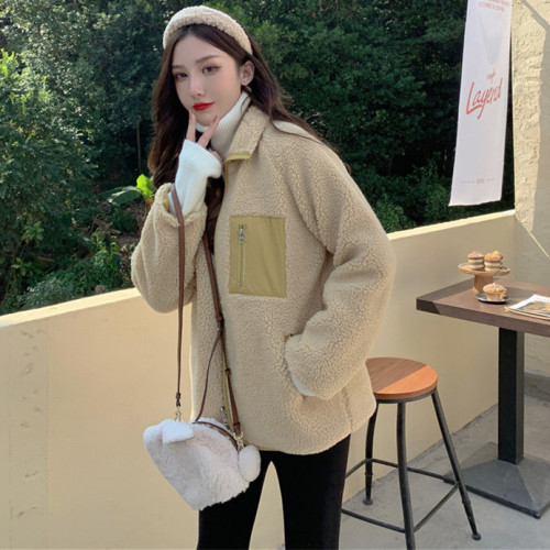 Reversible sherpa stand collar zipper jacket for women  autumn and winter new color matching student warm jacket large size