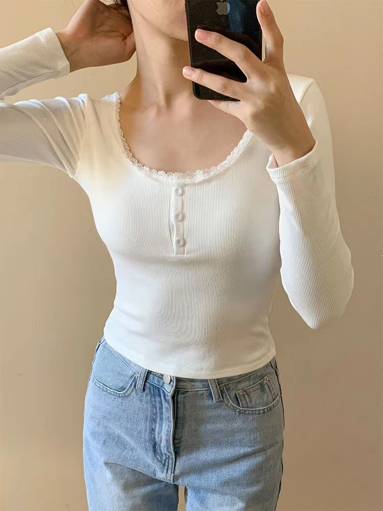 DeRong hot girl slim long-sleeved lace T-shirt women's autumn new style with chest pad short versatile T-shirt tops