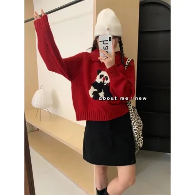 網紅洋氣翻領可愛熊貓提花毛衣女套頭寬鬆顯瘦百搭軟糯秋冬新款潮