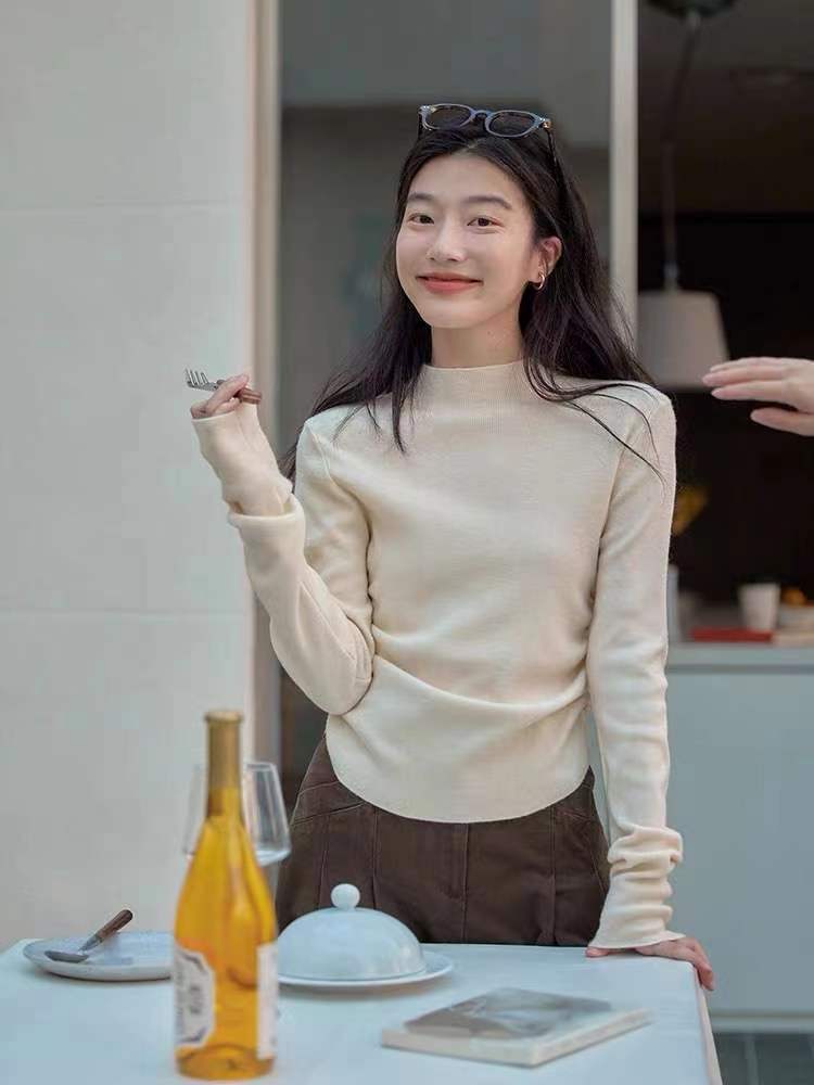 半高領打底衫女2023秋冬內搭針織衫修身獨特别致短款毛衣長袖上衣