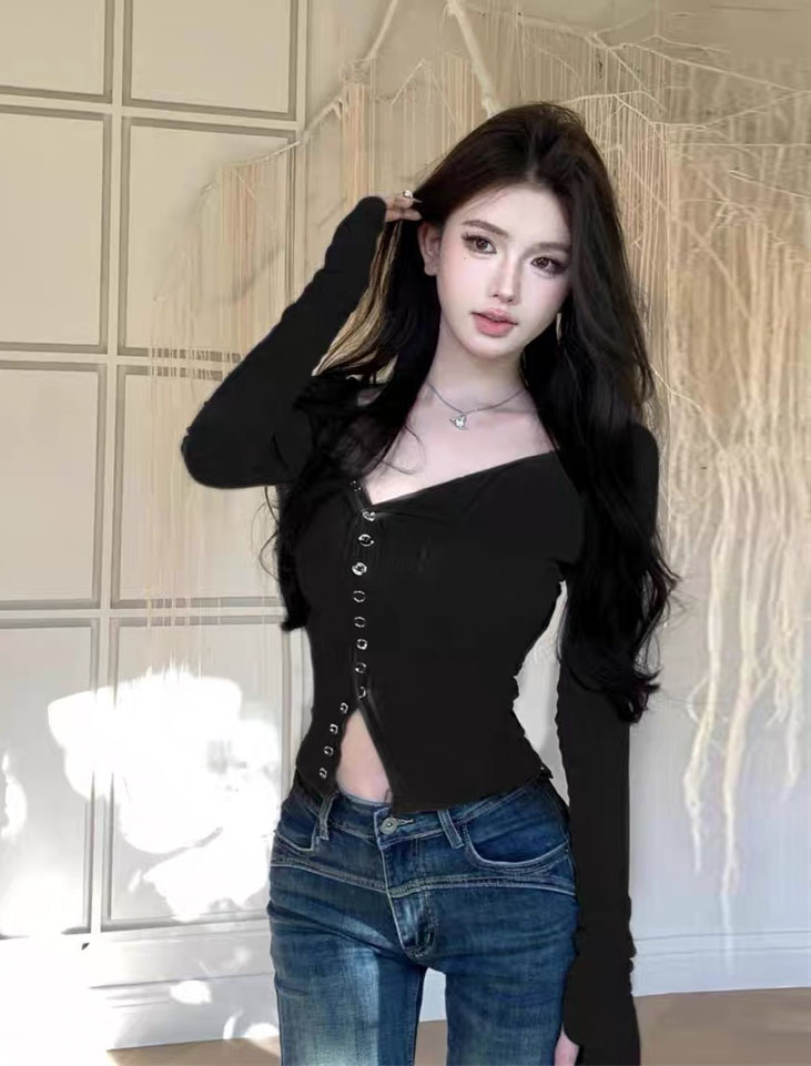 實拍~紐扣斜肩拼接長袖T恤女秋冬設計感小眾修身辣妹上衣
