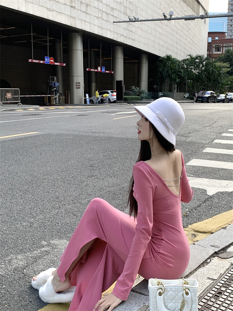 實拍 秋冬新款收腰開叉露背鏈條魚尾包臀長裙子