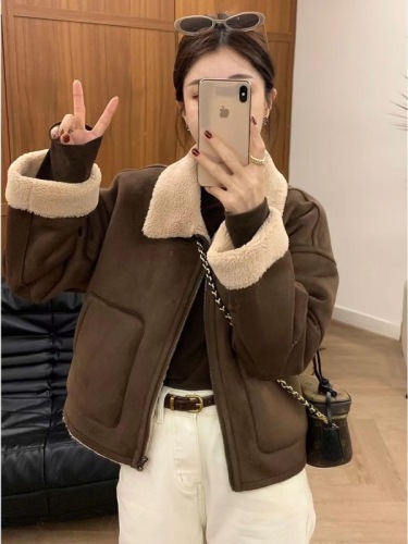 European high-end fur one-piece lambswool jacket for women in autumn and winter thickened lapel motorcycle jacket top