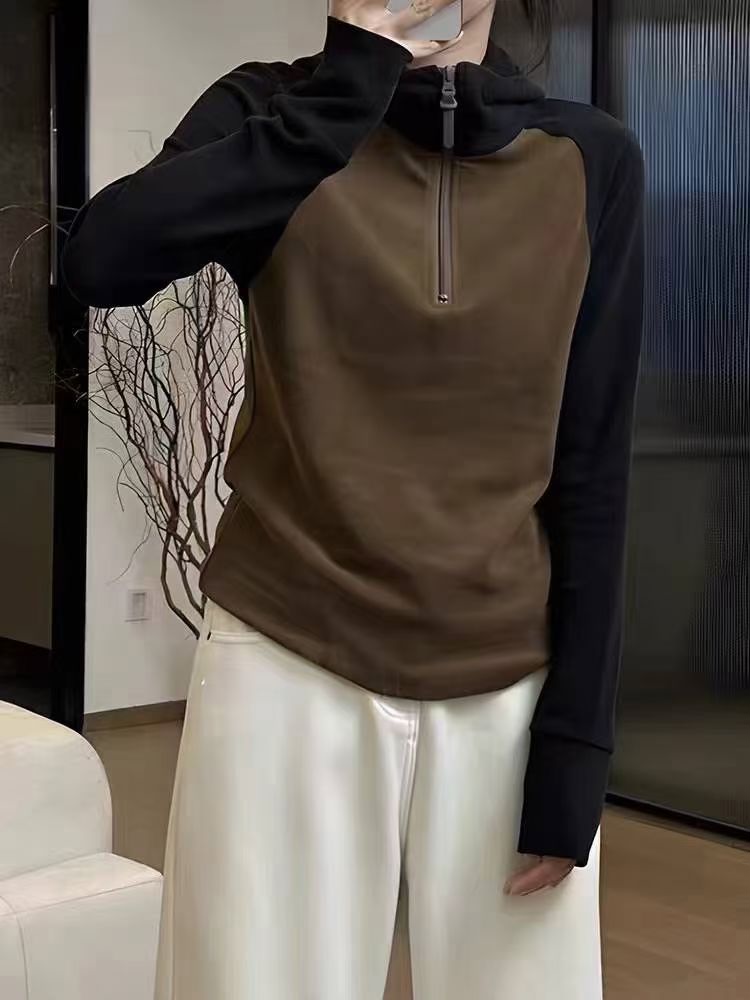 半拉鏈德絨連帽衛衣女秋冬款2023新款慵懶風插肩加厚冬季上衣