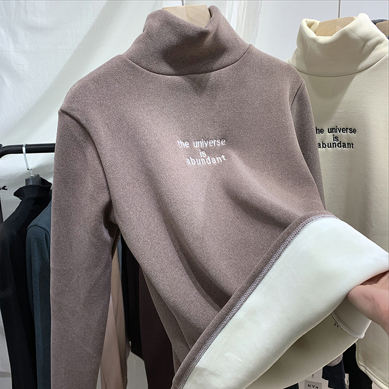 German velvet brushed bottoming shirt for women 2023 spring and autumn European new style plus velvet thickened high collar long-sleeved Australian velvet warm top