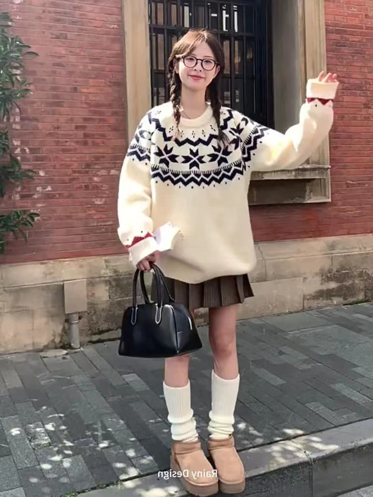 日系復古毛衣女寬鬆外穿慵懶風套頭圓領秋冬季氣質上衣百搭針織衫