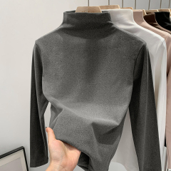 Women's Semi-High Collar Crewneck T-shirt 2023 New Arrival Inner Warm Pile Long Sleeve T-shirt Polyester Upcoat