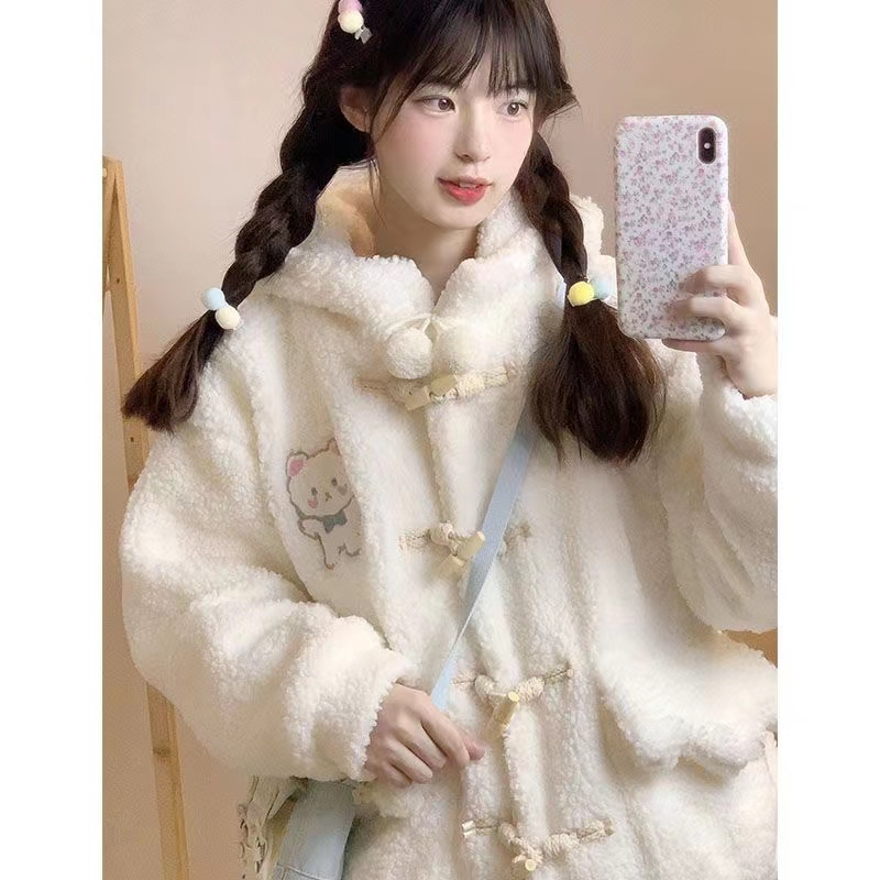 480g sherpa composite cartoon college style hooded plus fleece jacket