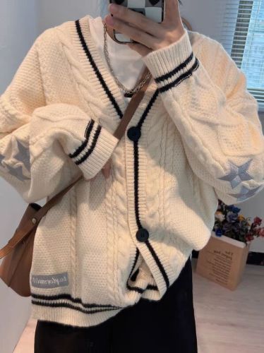 Amazon twist knitted cardigan for women Korean style retro lazy style loose star sweater jacket for women