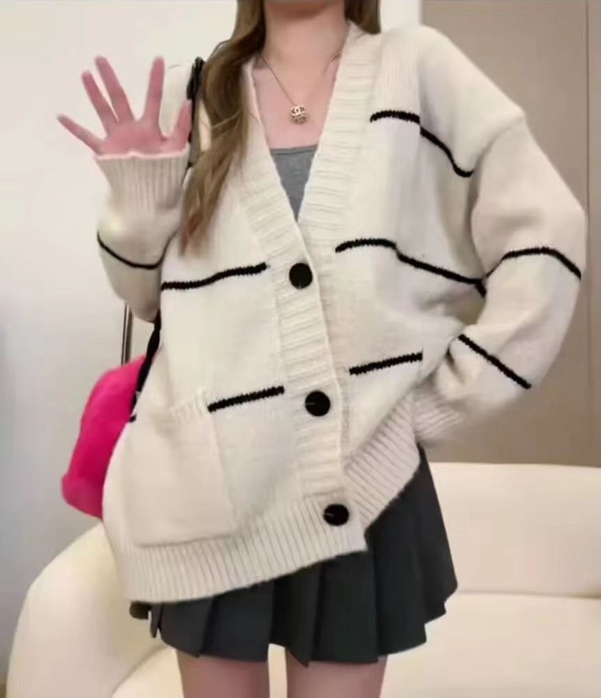 法式慵懶風灰色條紋針織衫外套女秋冬寬鬆厚毛衣開衫外穿百搭上衣