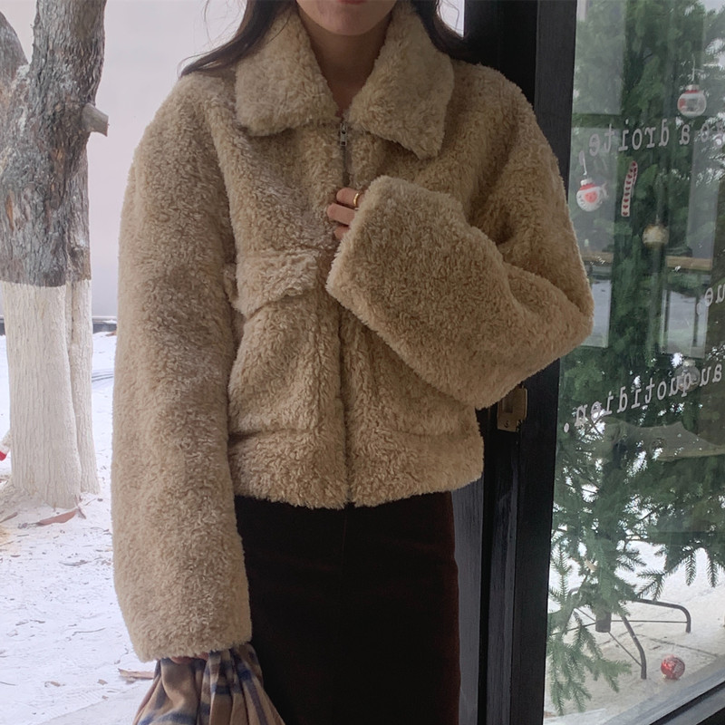 Real shot French retro lapel pocket fur coat furry short top warm cotton coat