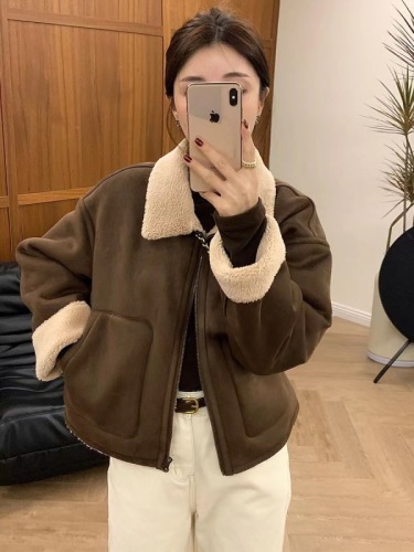 European high-end fur one-piece lambswool jacket for women in autumn and winter thickened lapel motorcycle jacket top