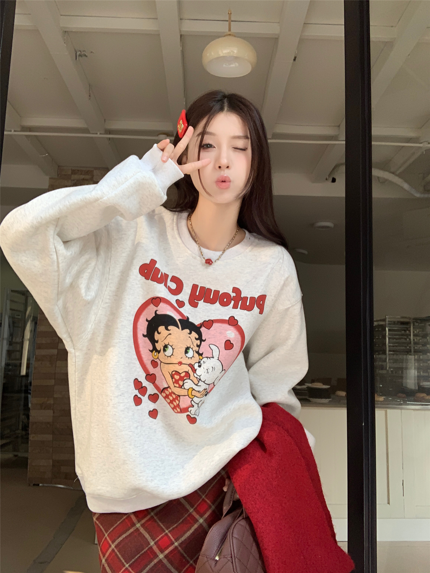 Real shot~Betty's Diary plus velvet cute cartoon loose niche top autumn and winter American sweatshirt for women