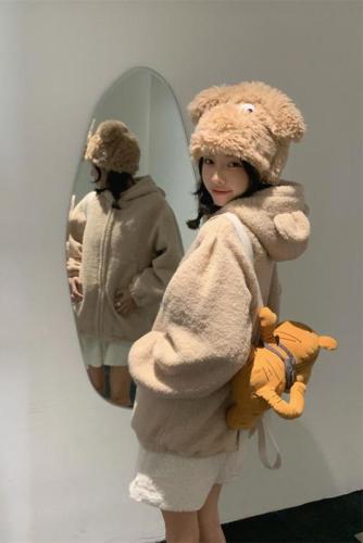 Actual shot of winter thickened bear ears hooded warm lamb wool jacket top for women