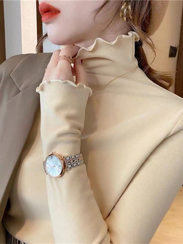 木耳邊加絨加厚打底衫女2023秋冬半高領內搭保暖上衣德絨長袖T恤