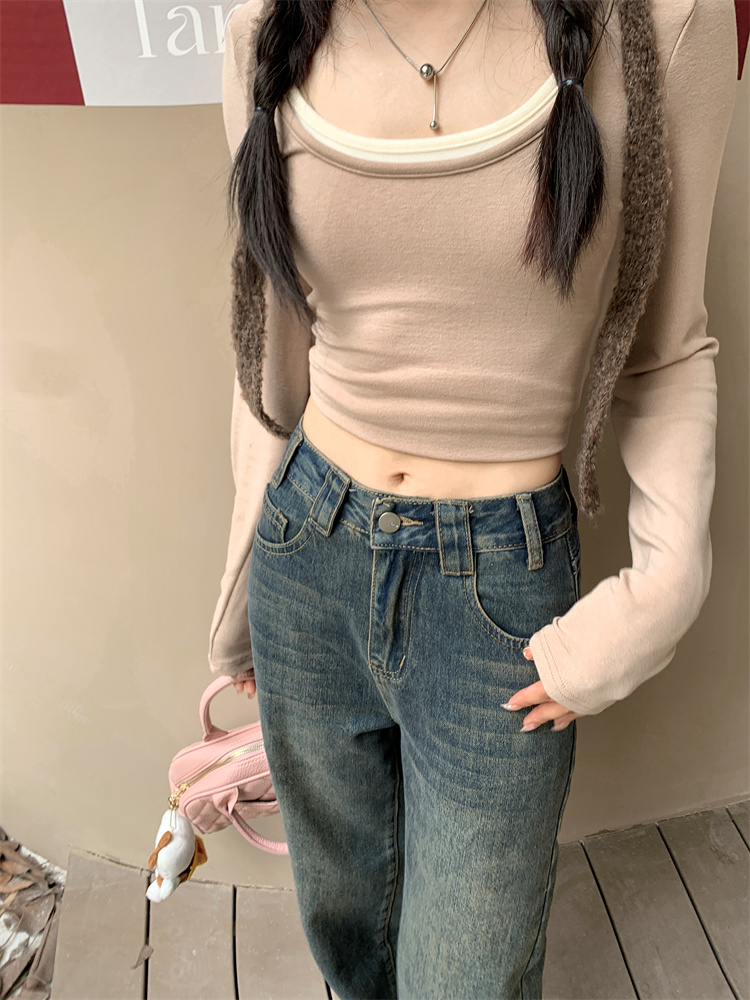 實拍2023秋季高腰寬鬆長褲拖地褲女直筒褲牛仔褲