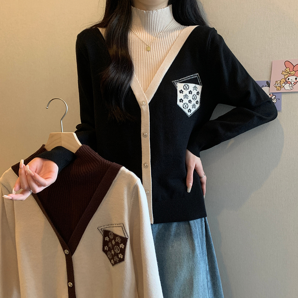 實拍大碼女裝2023秋冬新款假兩件針織打底衫女百搭遮肉上衣