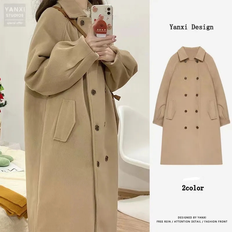 2023 milk coffee color woolen mid-length temperament Korean winter niche thickened coat woolen coat for small women